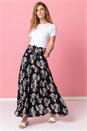 Black Floral Shirred Waist Elastic Waist Maxi Skirt, Image 3 of 4