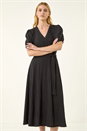 Black Wrap Bodice Belted Midi Dress, Image 1 of 5