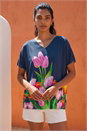 Navy Tulip Motif V-Neck Stretch Top, Image 1 of 4