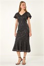 Black Sequin Lace Ruffle Midi Dress, Image 2 of 5