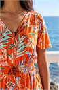 Orange Petite Leaf Print Shirred Midi Dress, Image 4 of 4