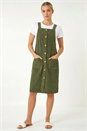 Khaki Corduroy Pinafore Midi Dress, Image 2 of 6