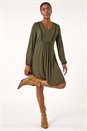 Khaki Ditsy Lace Trim V-Neck Frill Dress, Image 1 of 5