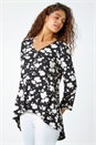 Black Abstract Print Zip Detail V-Neck Stretch Top, Image 1 of 5