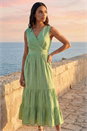 Green Embroidered V-Neck Midi Dress, Image 2 of 4