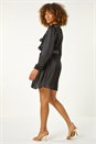 Black Satin V-Neck Ruffle Dress, Image 3 of 6
