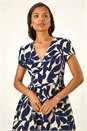 Navy  Leaf Print V-Neck Midi Dress, Image 4 of 5