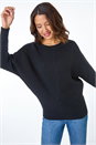 Black Geometric Longline Ribbed Batwing Jumper, Image 1 of 5