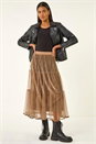 Mocha Pleated Velvet Overlay Skirt, Image 3 of 7