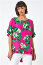 PINK Palm Print Frill Detail Oversized Top, Image 1 of 5