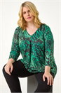 Green Curve Animal Print Pleat Front Top, Image 1 of 5