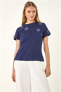 Petrol Blue Floral Applique T-shirt, Image 4 of 5