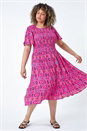 Pink Curve Printed Crinkle Shirred Midi Dress, Image 2 of 5
