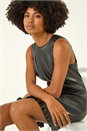 Black Faux Leather Pleated Hem Dress, Image 2 of 7