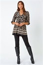 Black Aztec Print V-Neck Stretch Tunic Smock Top, Image 2 of 4