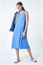 Light Blue Textured Stretch Sleeveless Midi Dress, Image 1 of 5