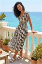 Black Abstract Print Shirred Midi Dress, Image 1 of 4