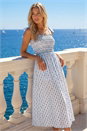 Blue Dusk Polka Dot Stripe Shirred Midi Dress, Image 1 of 4