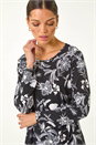 Black Floral Print Chiffon Hem Stretch Top, Image 4 of 5