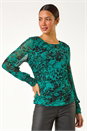Green Mesh Print Detail Stretch Top, Image 4 of 5