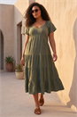 Khaki Curve Pebble Crepe Tiered Midi Dress, Image 1 of 4