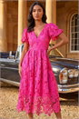 Pink Crochet Lace V-Neck Midi Dress, Image 2 of 4