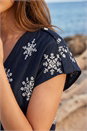 Navy  Embroidered V-Neck Pleat Top, Image 4 of 4