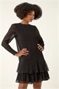 Black Pleated Frill Hem Swing Dress, Image 2 of 5