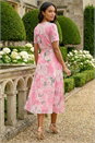 Pink Floral Print Pleat Neck Midi Dress, Image 3 of 4