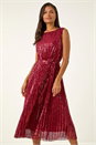 Red Sequin Detail Pleated Midi Dress, Image 1 of 5