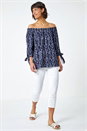 Navy Ditsy Floral Print Bardot Top, Image 1 of 5