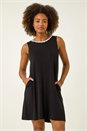 Black Floral Trim A-Line Stretch Dress, Image 2 of 5