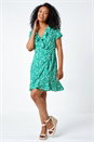Green Petite Floral Print Ruffle Wrap Skater Dress, Image 2 of 5