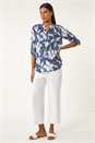 Navy Floral Print Burnout V-Neck Stretch Shirt, Image 3 of 5