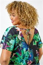 Green Curve Tropical Print Blouson Hem Top , Image 4 of 5