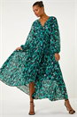 Teal Abstract Print Wrap Front Pleated Maxi Dress, Image 2 of 5