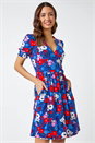 Blue Floral Frill Sleeve Wrap Dress , Image 1 of 5