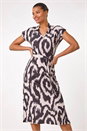 Beige Abstract Print Belted Stretch Midi Dress, Image 4 of 5