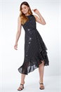 Black Sequin Frill Hem Asymmetric Midi Wrap Dress, Image 2 of 5