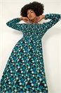Teal Floral Print Shirred Stretch Midi Dress, Image 1 of 5