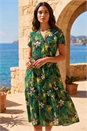 Green Tropical Leaf Print V-Neck Midi Dress, Image 2 of 4