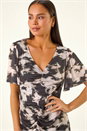 Black Petite Printed Mesh Ruched Midi Dress, Image 5 of 6
