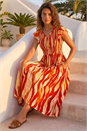Red Wave Print Shirred Midi Dress, Image 3 of 4