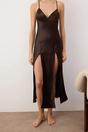Brown WOVCOR Brown Button Front V-Neck Satin Strappy Maxi Nightdress, Image 2 of 3