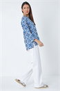Blue Geometric Pleated Button Detail V-Neck Top, Image 3 of 5