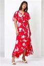 Pink Floral Print Chiffon Frill Cape Midi Dress, Image 3 of 5