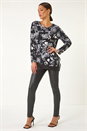 Black Floral Print Chiffon Hem Stretch Top, Image 2 of 5