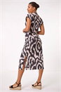 Beige Abstract Print Belted Stretch Midi Dress, Image 3 of 5