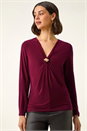 Wine V-Neck Metal Trim Stretch Top, Image 4 of 5