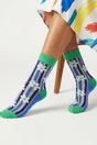 Multi Daisy Stripes Combed Cotton Sheer Pop Socks in Green, Image 1 of 4